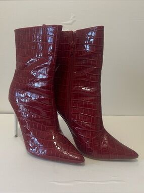Fashion Nova Burgundy Croc-Embossed Pointed Toe Ankle Boots